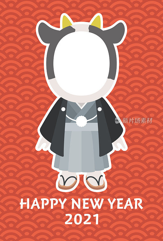 Photo frame of a cow wearing a kimono New Year's card (Qinghai wave pattern)